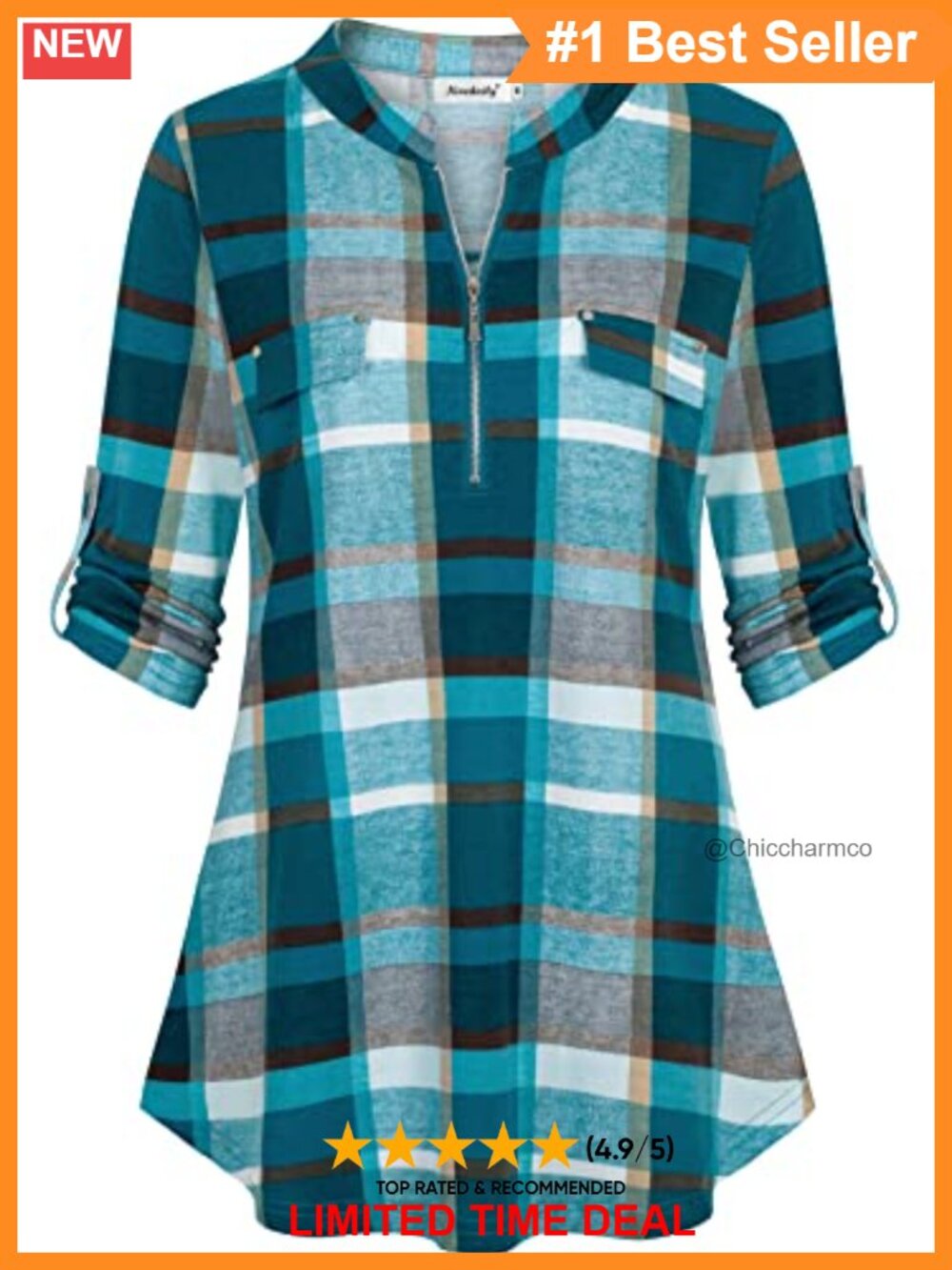 Women's 3/4 Sleeve Plaid Tunic Blouse Zip V-Neck Casual Top